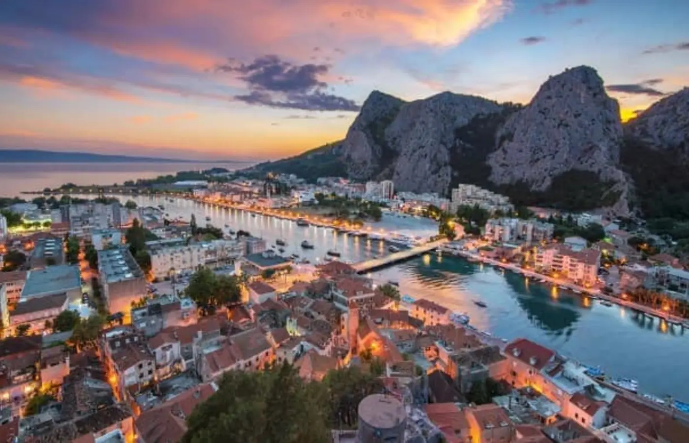 Omiš and the Cetina river mouth at dusk